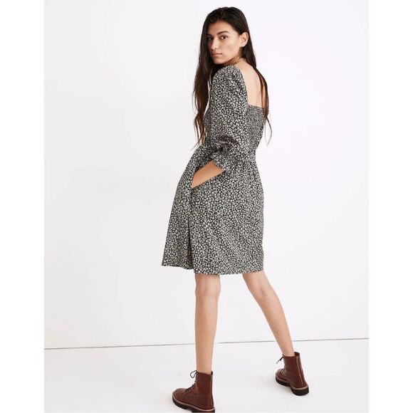 Madewell Lucie Elbow Sleeve Smocked Mini Dress in Parisian Ditsy size S True Bla - Picture 3 of 14
